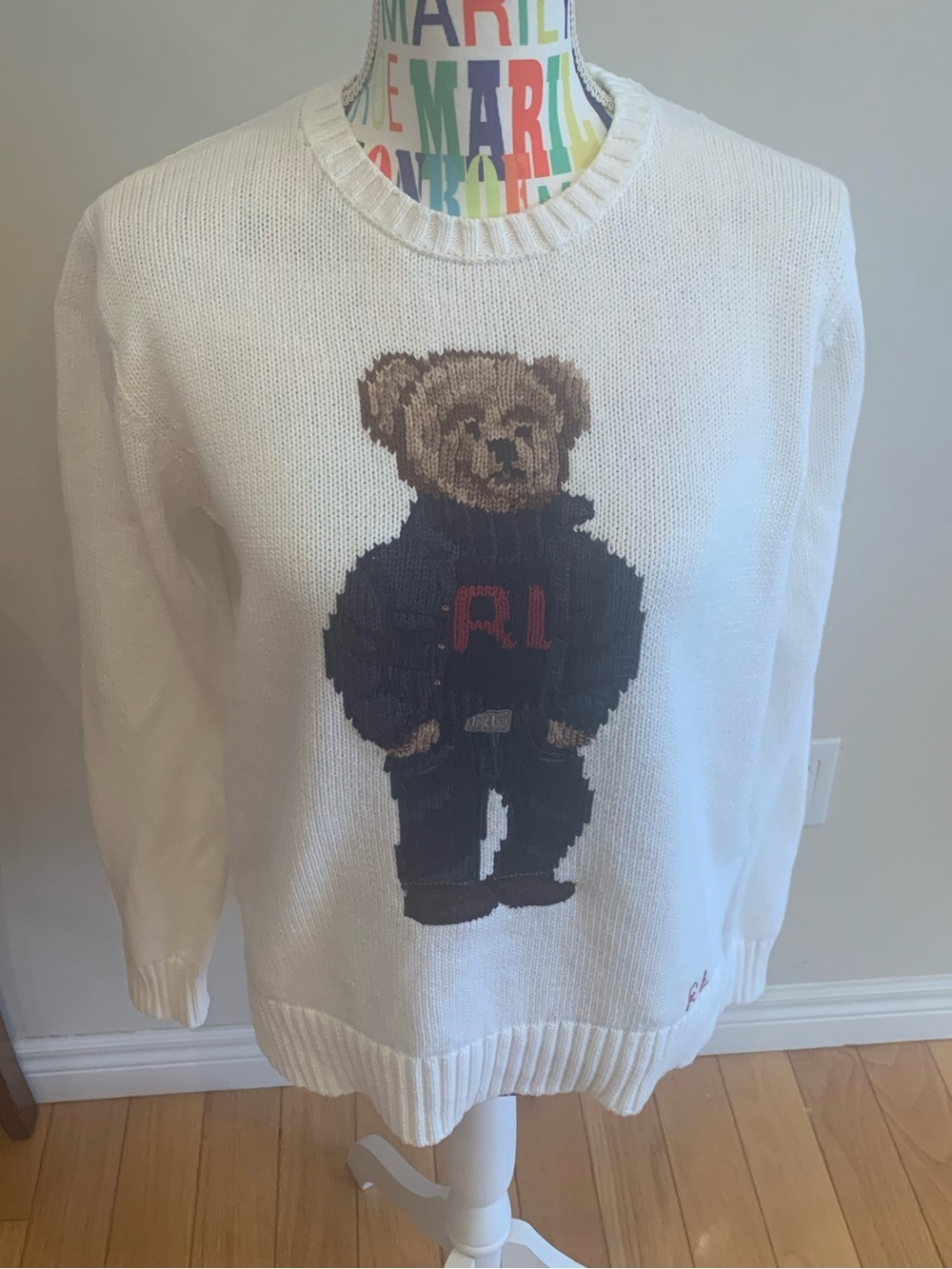 NWOT Polo Ralph Lauren 100% Cotton White Crewneck Sweater with Polo Bear
